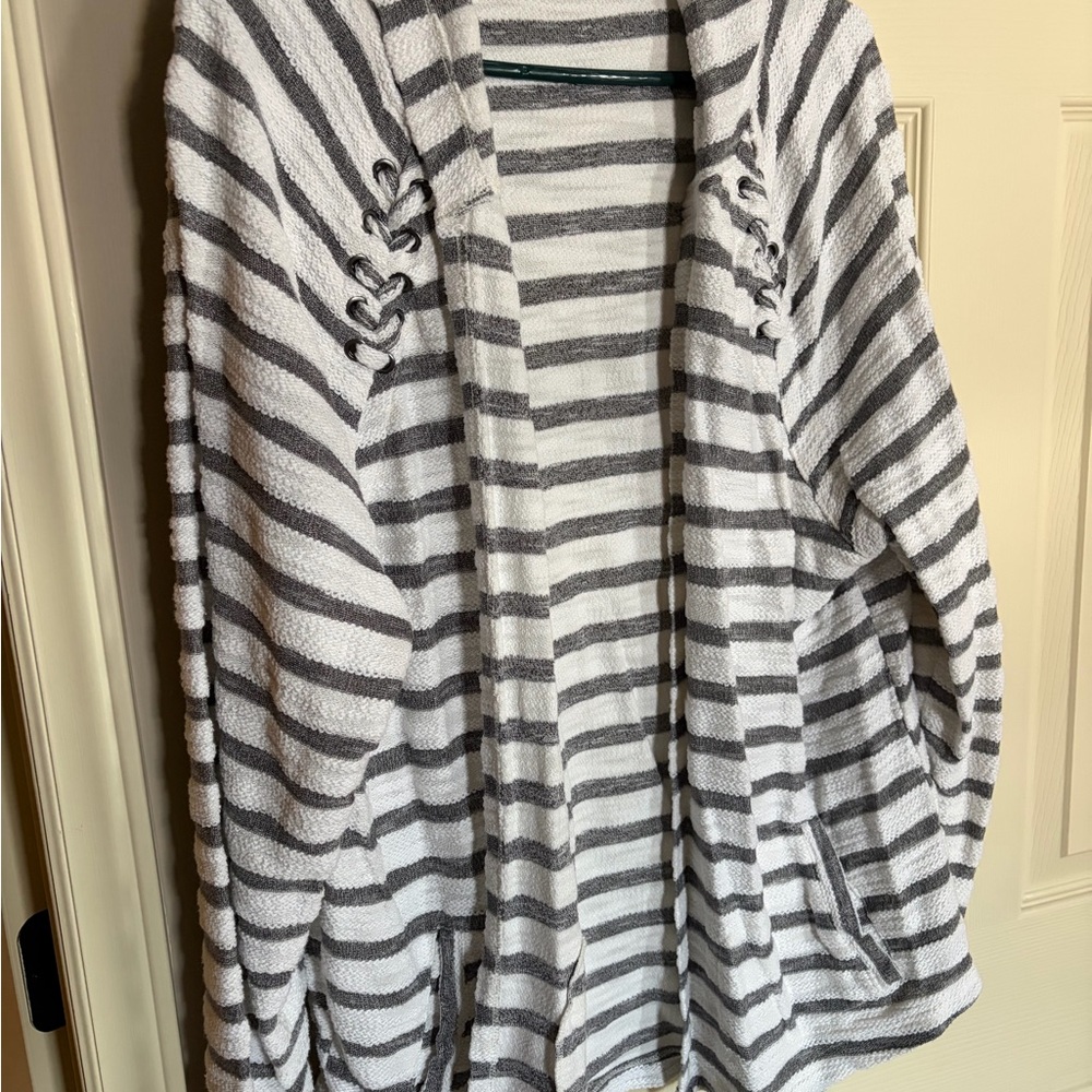 Maurices Gray and White Striped Hood Cardigan